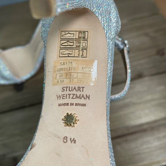 Stuart Weitzman Women's Nudistcurve Heeled Sandal Size 6.5 Crystal Silver 100 mm - Picture 13 of 16